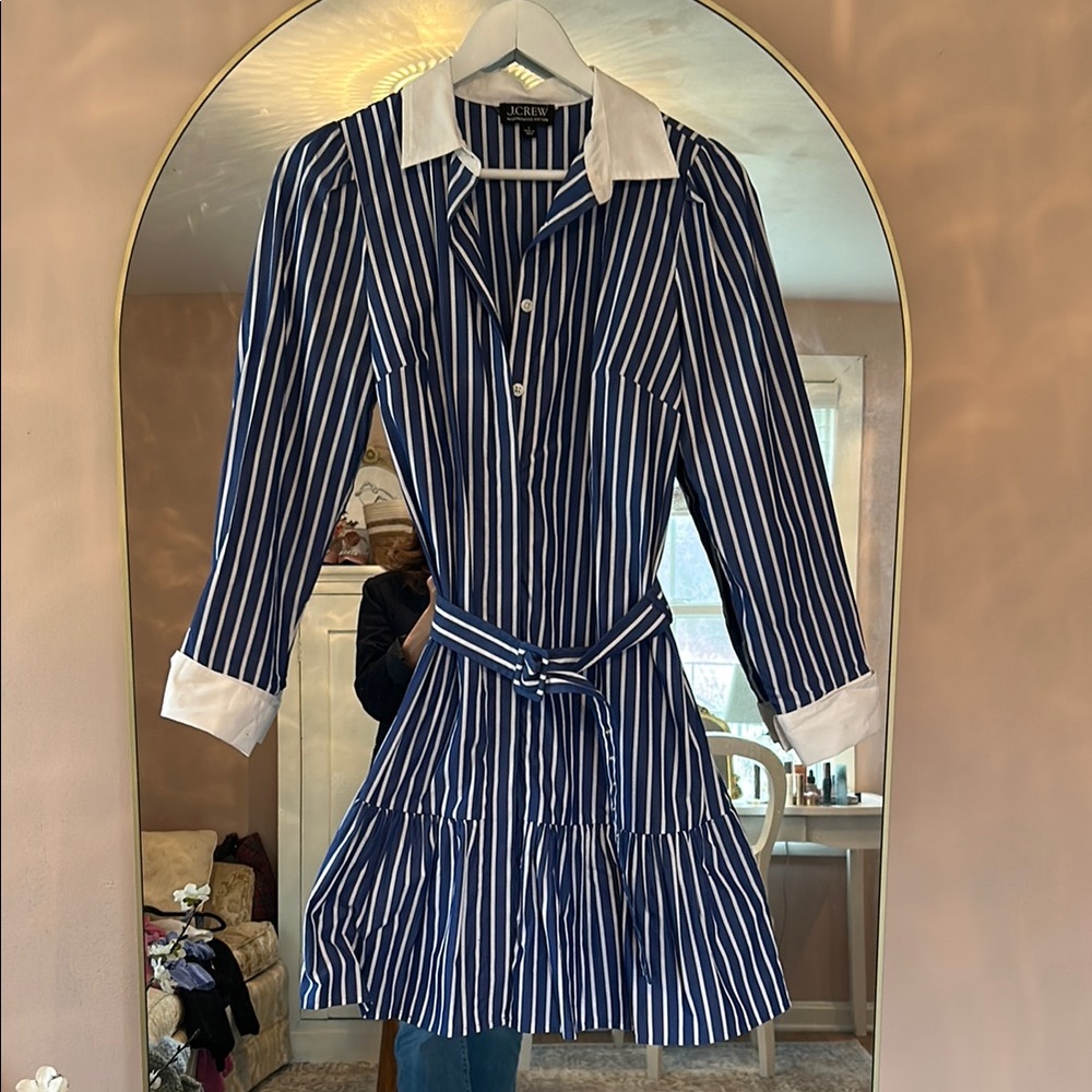 J Crew Blue and White Striped Dress with belt.